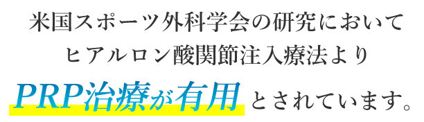 米国スポーツ外科学会の研究においてヒアルロン酸関節注入療法よりPRP治療が有用とされています。